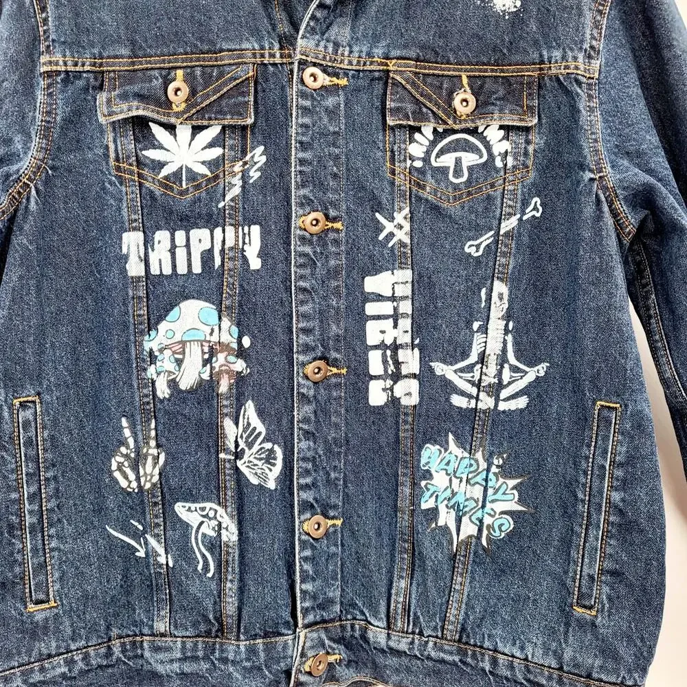 Eighty Eight Blue Jean 420 Don't Trip Stay Trippy Trucker Jacket Men's Size L
